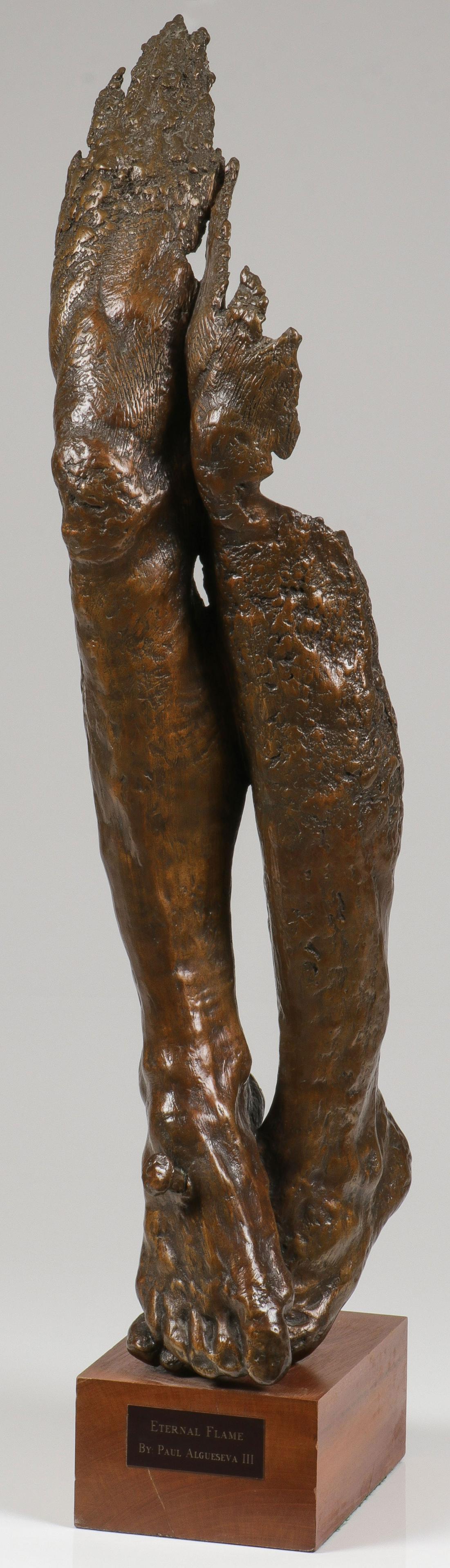 RELIGIOUS BRONZE, SIGNED & DATED.: PAUL ALGUESEVA III (American b. 1960-) Eternal Flames Bronze with light brown patina With bronze plaque inscribed "PROTOTYPE 1997, ETERNAL FLAME, BY PAUL ALGUESEVA" Sculpture 33.3 inches without base,