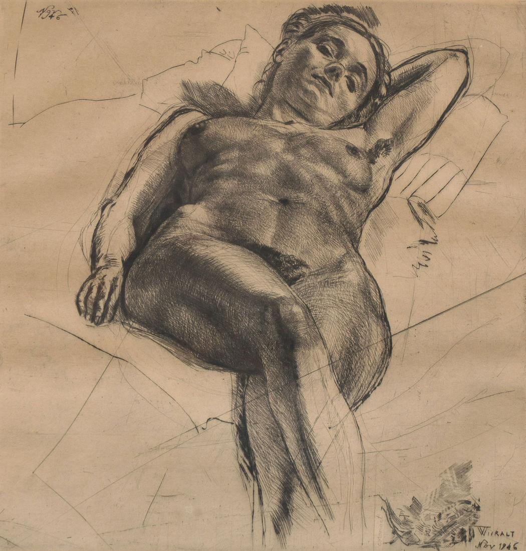 ORIGINAL SIGNED EDUARD WIIRALT ETCHING 1946: EDUARD WIIRALT (Estonian 1898-1954) Reclining Nude- 1946 Drypoint etching Artist signed in ink lower right and inscribed "Nie-Pointe Seche 1946" and further signed and dated in plate "Nov 1946" Image 