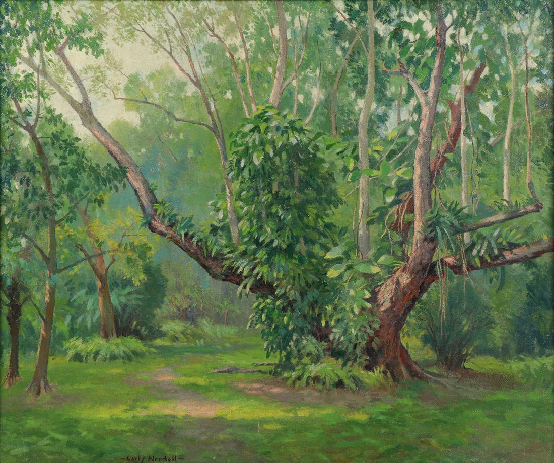 CARL NORDELL FLORIDA PAINTING: CARL JOHN NORDELL (American 1885-1957) Landscape with Inga Tree Oil on canvas Signed lower right, and inscribed on verso "Painted on the estate of Thomas A. Edison, Ft. Myers Fla, CJN" 30 inches x 36 