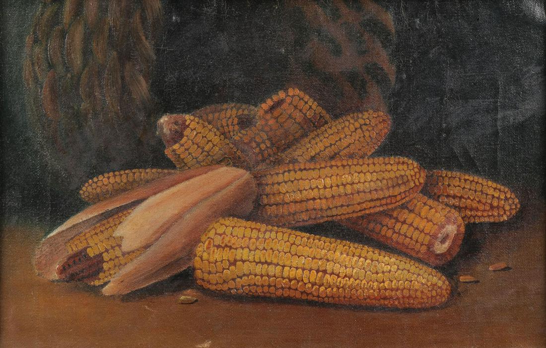ATTRIBUTED ALFRED MONTGOMERY OIL: Attributed to/Circle of ALFRED MONTGOMERY (American 1857-1922)Still Life with Corn - circa 1890Oil on canvasApparently unsigned11.5 inches x 17.25 inchesSHIPPING NOTICE:<