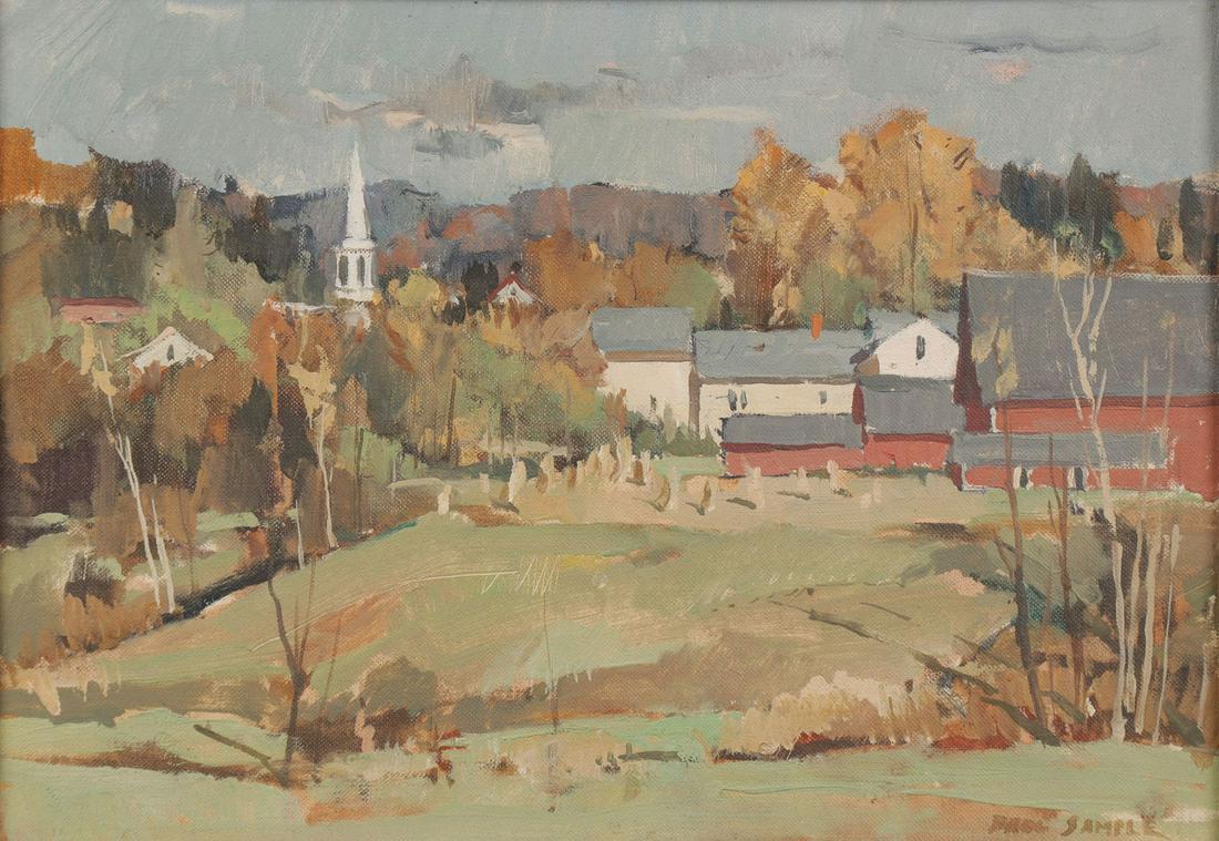 PAUL SAMPLE NORWICH PAINTING: PAUL SAMPLE (American 1896-1974)Autumn-Norwich - circa 1950Oil on artist canvas boardSigned lower right, verso with Associate American Artists exhibition label10 inches x 15 inches, contained in a vi