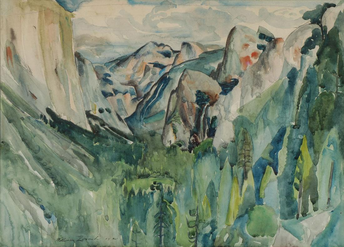 ORIGINAL W M ZORACH YOSEMITE WATERCOLOR, C. 1920: WILLIAM ZORACH (American 1887-1966) View of Yosemite Valley- 1920 Watercolor on paper Signed and dated lower left 13.5 inches x 18.5 inches SHIPPING NOTICE: Jackson's is