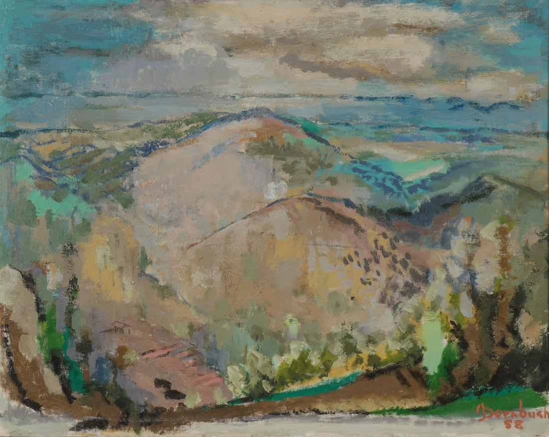 GRANT WOOD RELATED PAINTING, SIGNED: ADRIAN J. DORNBUSH (American 1900-1970) Atmospheric Landscape- 1958 Oil on artist board Signed and dated lower right 16 inches x 20 inches Adrian Dornbush, former director of the Flint Institu