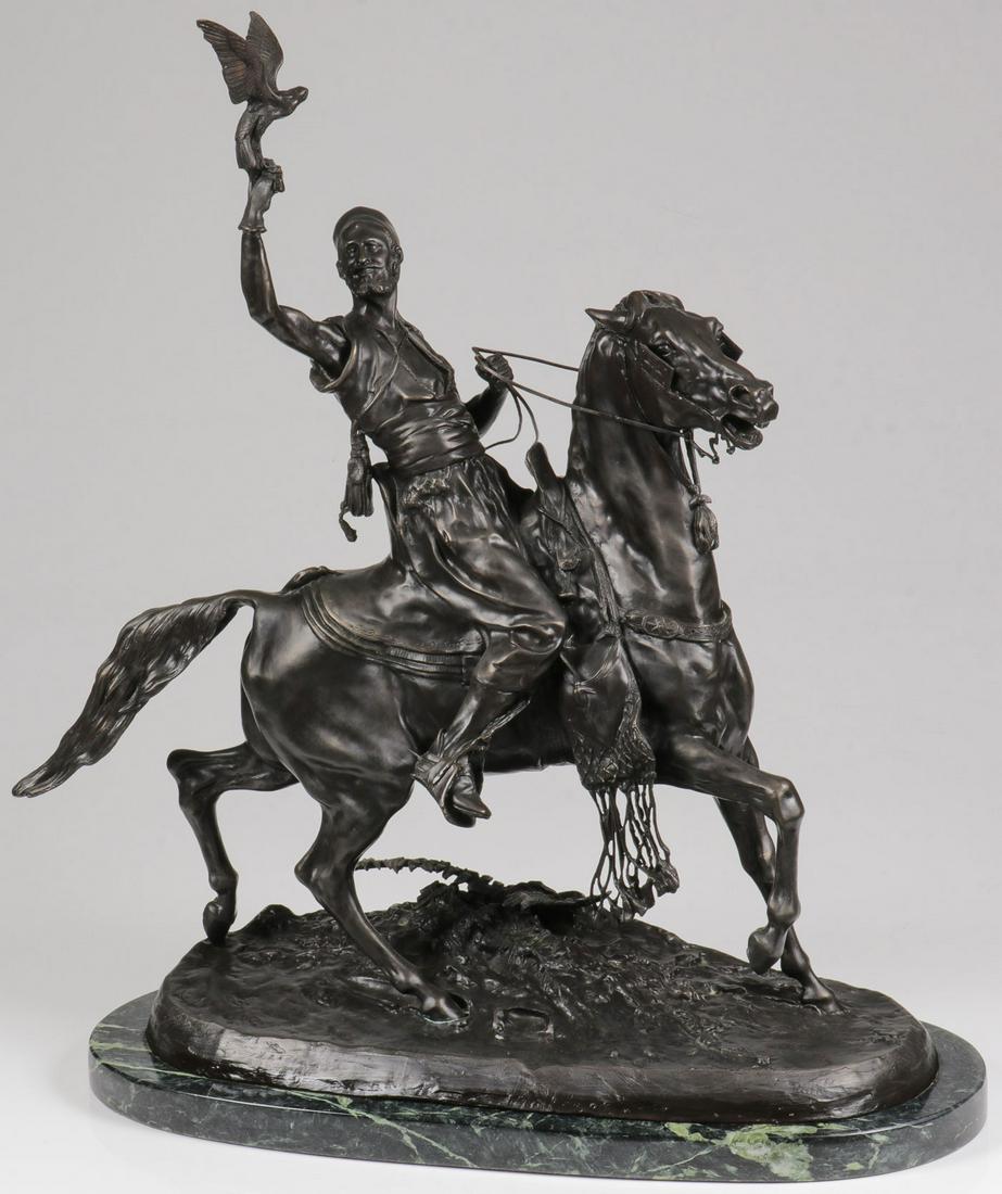 A LARGE ARAB BRONZE FALCONER GROUP: A LARGE ARAB BRONZE FALCONER GROUP. Comprising a large and impressive patinated bronze sculpture of a horseback Arab falconer after the original by Pierre Jules Mene (1810-1879). Finely sculpted in g