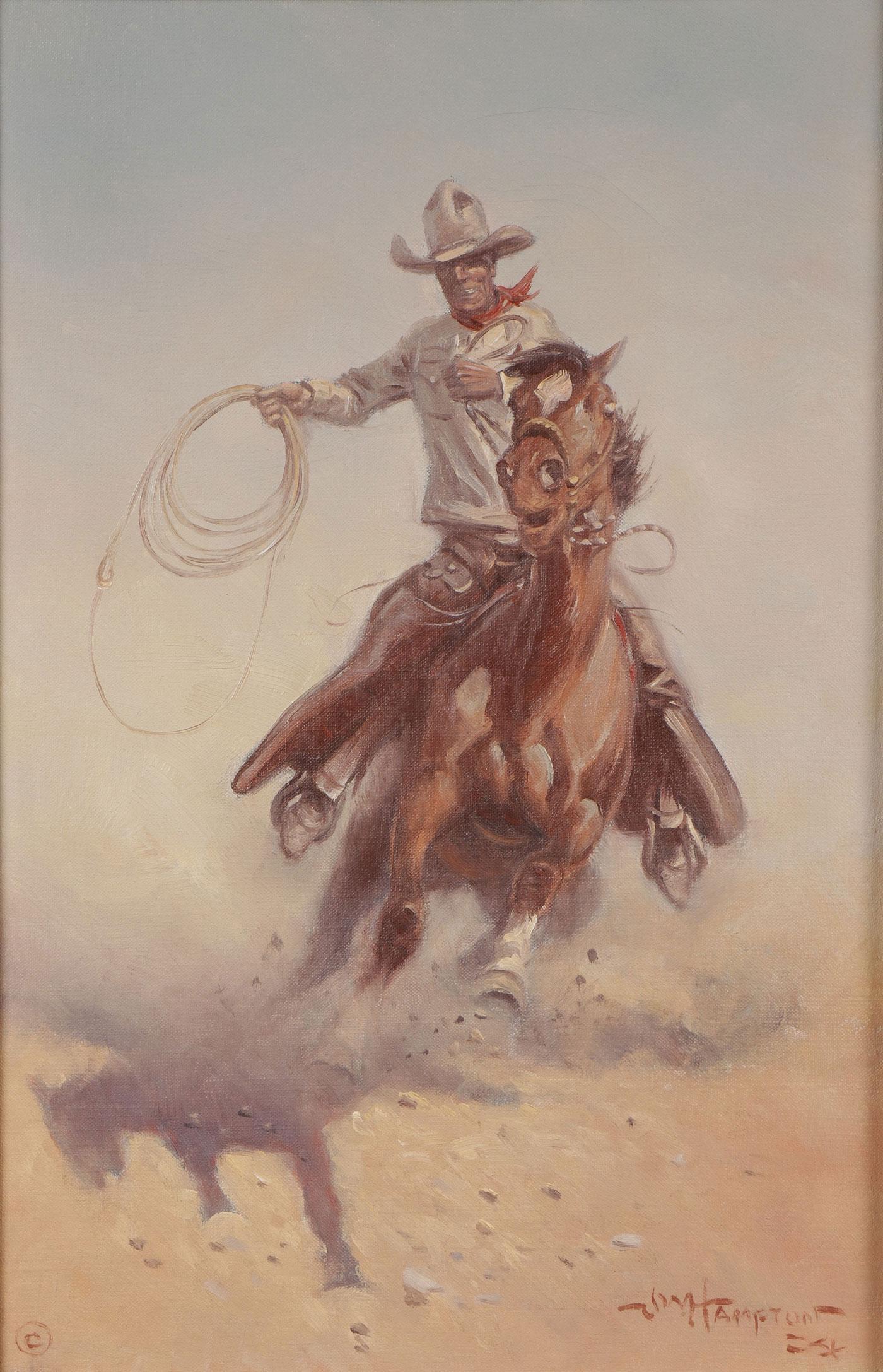 WONDERFUL SIGNED ORIGINAL WESTERN PAINTING: JOHN WADE HAMPTON (American 1918-200)Going After a Runaway Oil on canvasSigned lower right 18 inches x 12 inchesSHIPPING NOTICE:Jackson's is your sole and only