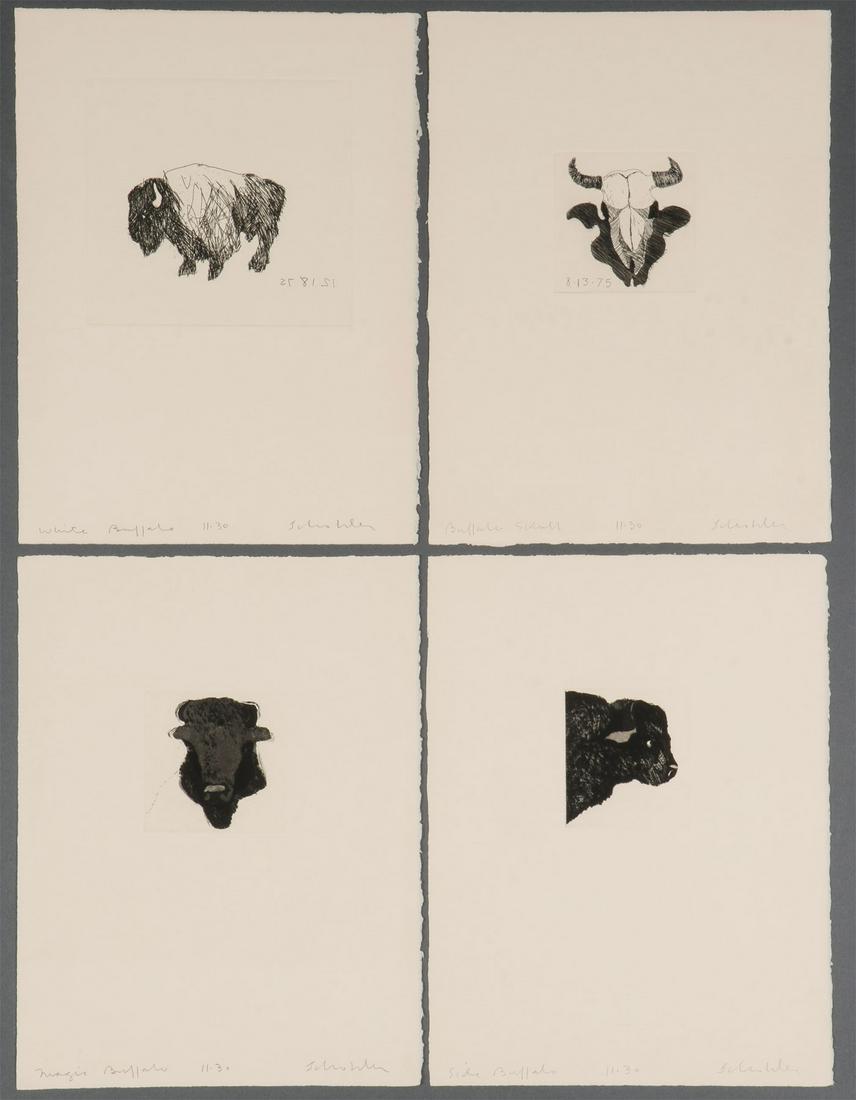 FOUR ORIGINAL SIGNED FRITZ SCHOLDER ETCHINGS: FOUR ORIGINAL SIGNED FRITZ SCHOLDER ETCHINGS. Comprising four signed buffalo etchings by American artist Fritz Scholder (1937-2005), including Magic Buffalo impression size 4 inches x 4 inches, sheet 
