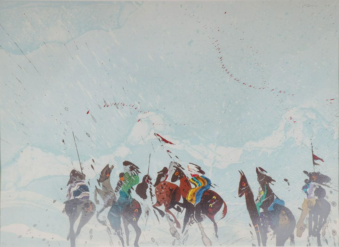 PAIR ORIGINAL EARL BISS WORKS: PAIR ORIGINAL EARL BISS WORKS. Comprising two original graphic works by noted Crow artist Earl Biss (1947-1998) including Winter Storm-1976, color lithograph on paper, signed upper right in pencil, a