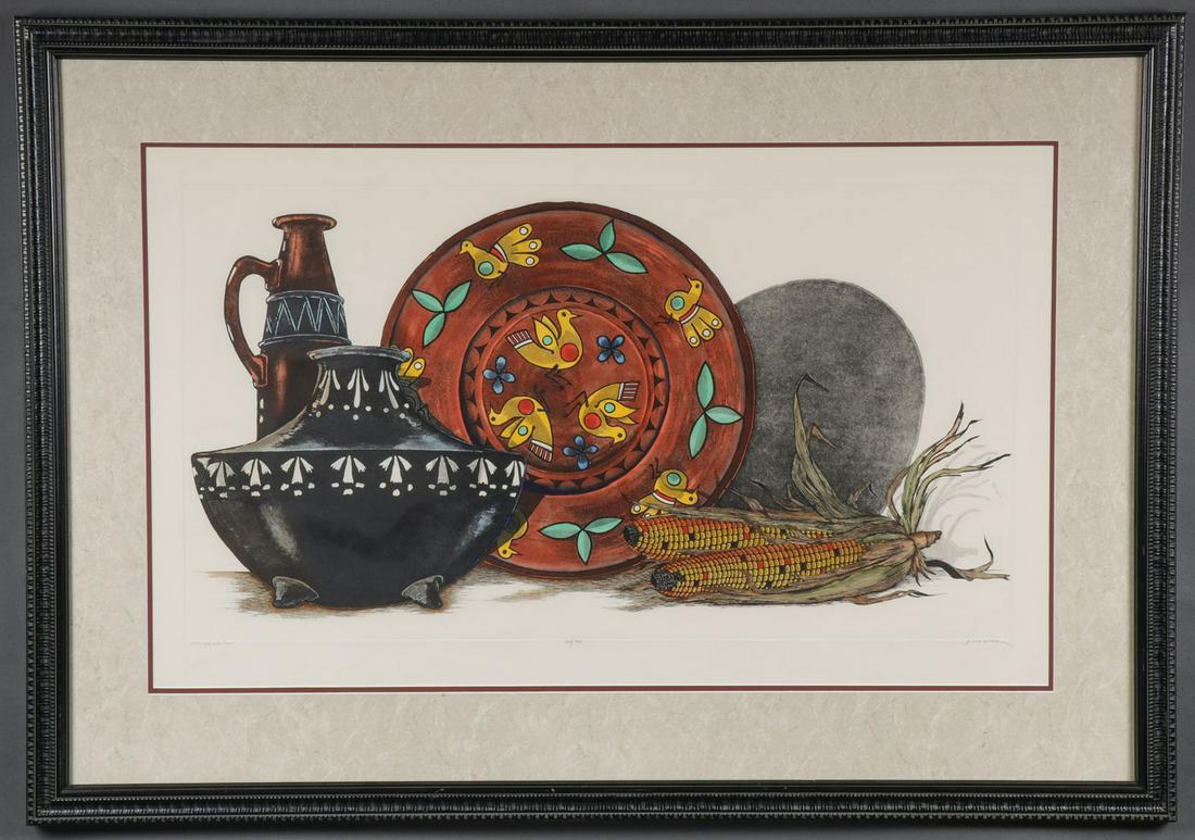 THREE NATIVE AMERICAN RELATED ARTWORKS: THREE NATIVE AMERICAN RELATED ARTWORKS. Comprising a Joseph Orr monotype titled Giving Spirit, '91 #4, artist signed lower right in pencil, 24.5 inches x 19.5 inches, together with a Michael C. McCull