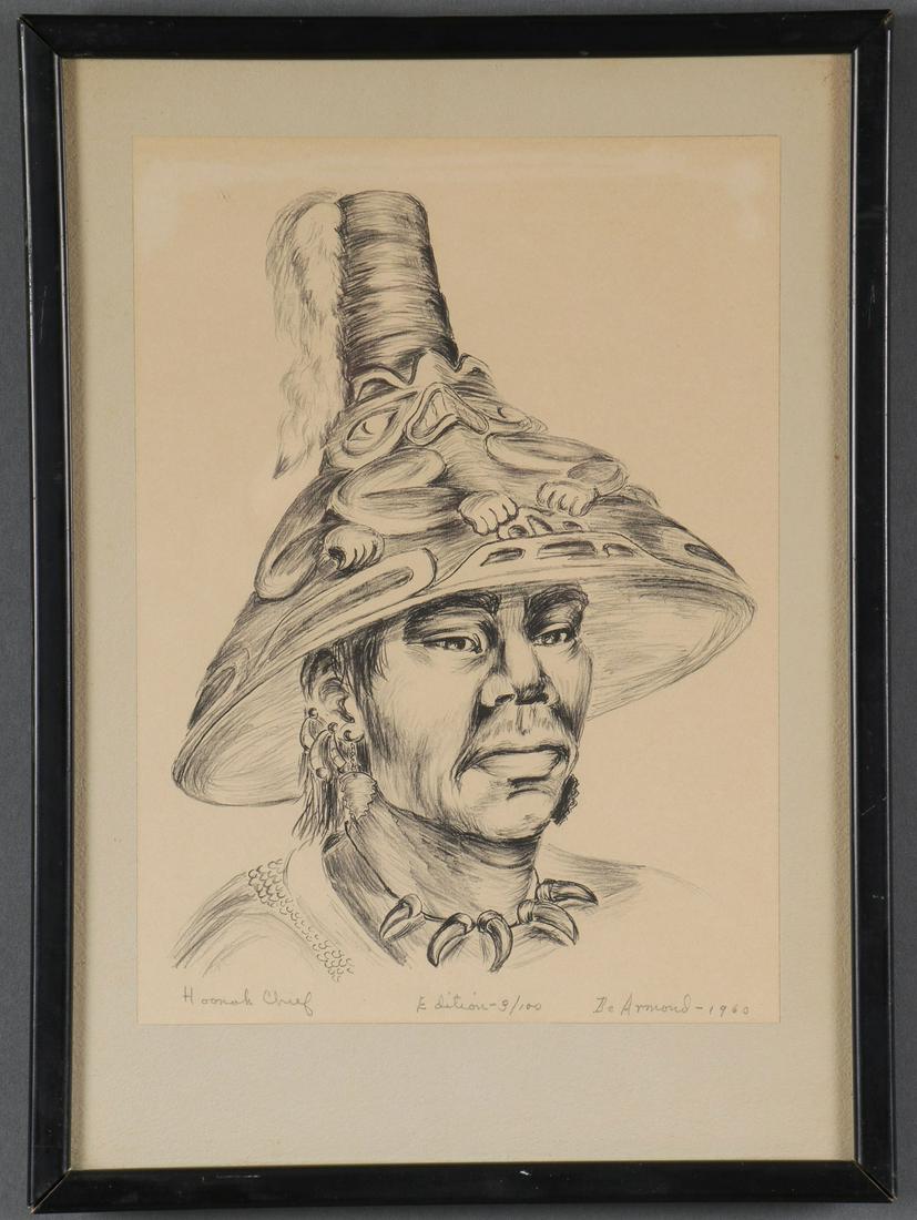 ESKIMO AND NORTHWEST COAST ART: ESKIMO AND NORTHWEST COAST ART. Comprising three original artist signed prints by Dale Burlison De Armond (American 1914-2006), depicting bust portraits of various indigenous Northwest Coast peoples, 