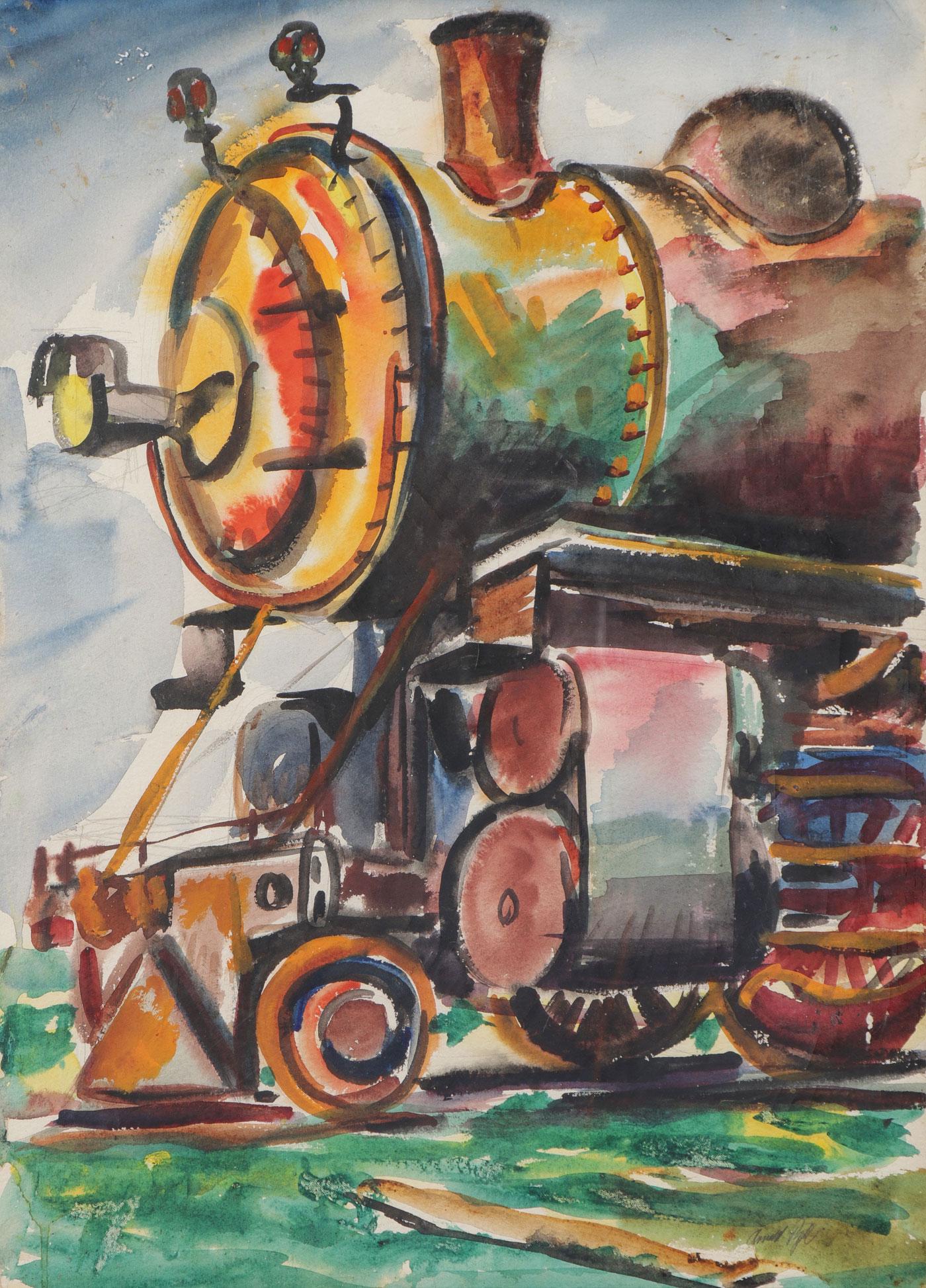 GRANT WOOD RELATED ARNOLD PYLE PAINTING: ARNOLD PYLE (American 1908-1973) Train Locomotive Watercolor Signed in pencil lower right 20 inches x 14 inches SHIPPING NOTICE: Jackson's is your sole and only sour