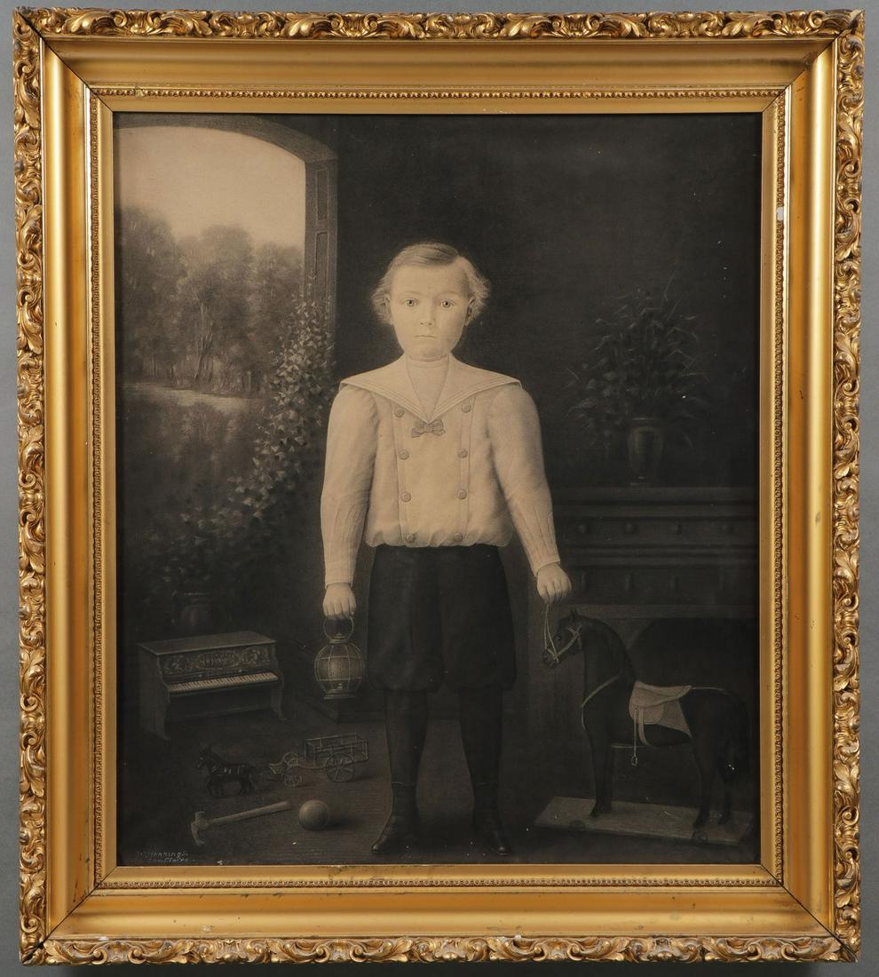 GREAT CHILD & TOY CHARCOAL, C. 1890: GREAT CHILD & TOY CHARCOAL, C. 1890. Comprising a well-drawn and detailed image in charcoal on paper laid on linen and depicting a young boy in an interior with toys. Signed lower left "W. Hennings, E