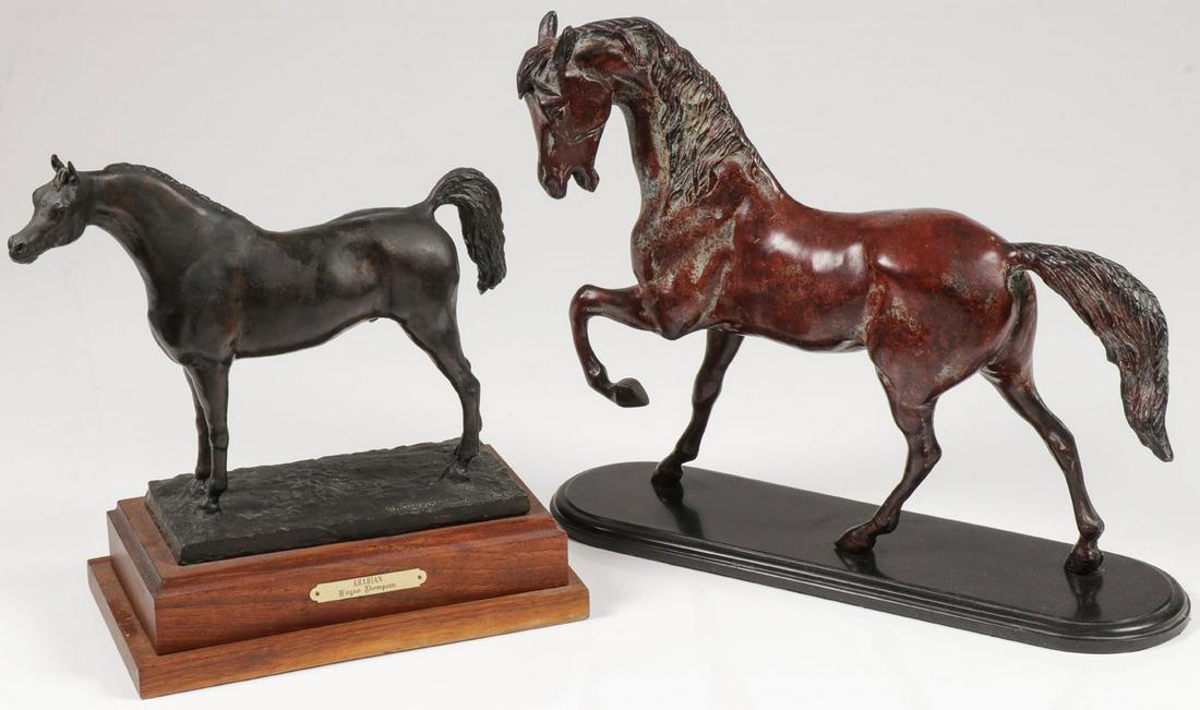 A PAIR OF EQUESTRIAN BRONZES: A PAIR OF EQUESTRIAN BRONZES. Comprising two large and impressive patinated bronze equestrian figures including "Arabian" by Wayne Thompson, signed, numbered, and dated base 1/20/1983, and set on a st
