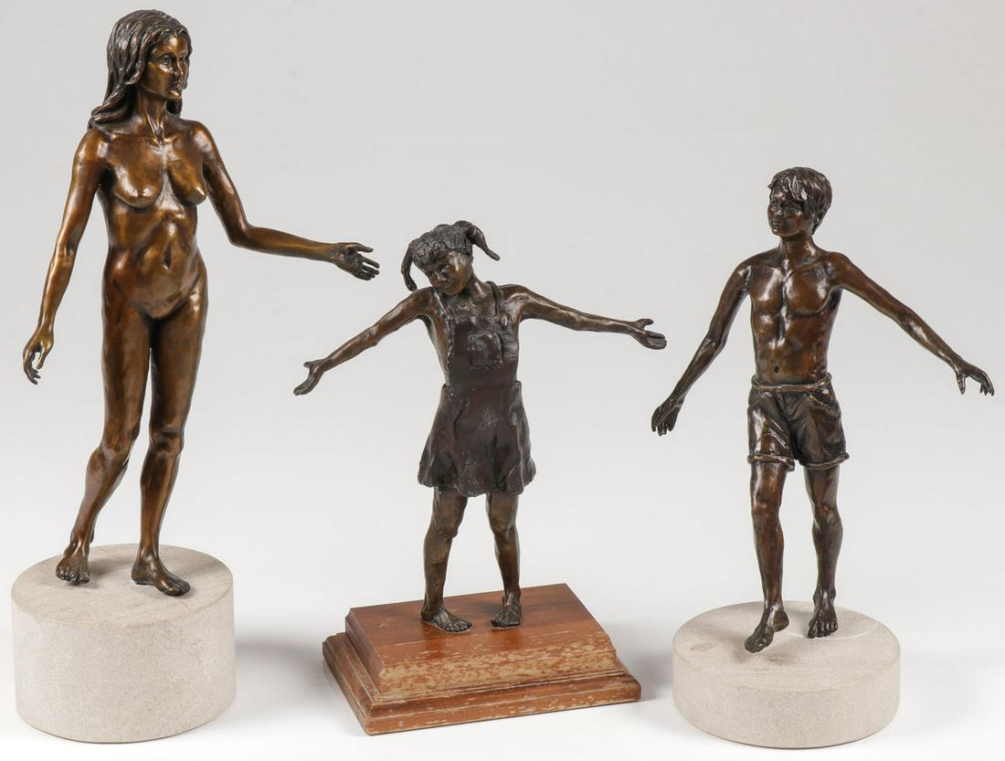 THREE SIGNED BRONZE SCULPTURES: THREE SIGNED BRONZE SCULPTURES. Comprising two figures, a standing nude woman and a young boy, each by Dana LaMair. Each modeled in full round of good proportions and anatomy, and each signed on figur
