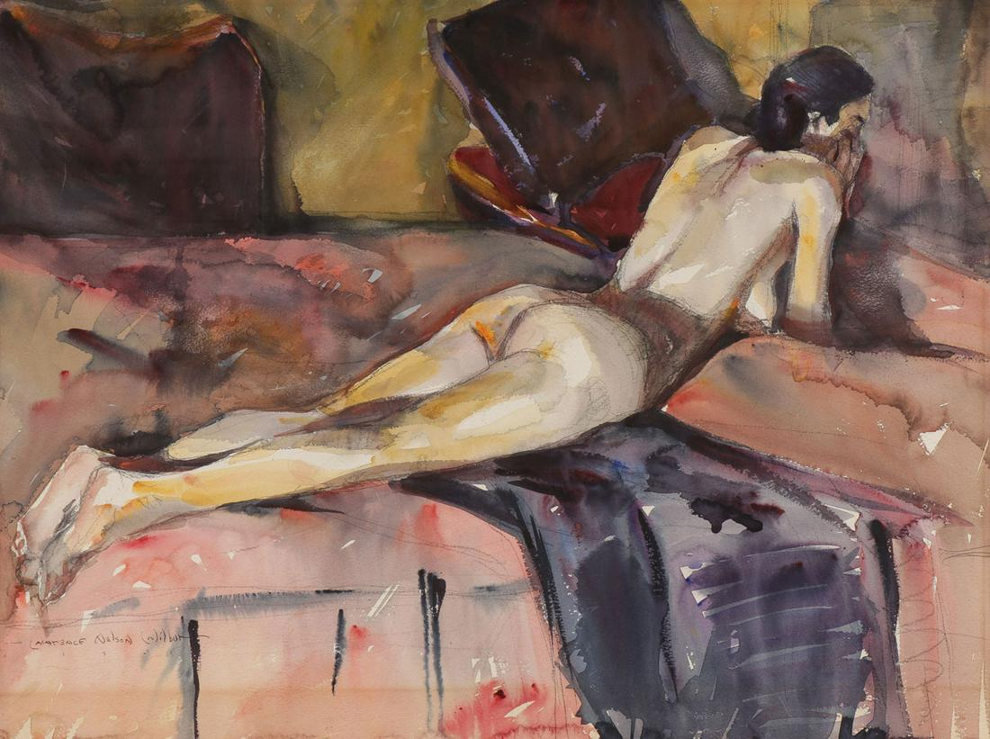 PAIR SIGNED NUDES, L.N. WILBUR DATED 1938: LAWRENCE NELSON WILBUR (American 1897-1989) Reclining and Standing Nudes- a pair of paintings Watercolor on paper The reclining nude signed and dated 1938 lower left, the other signed lower right 19.5