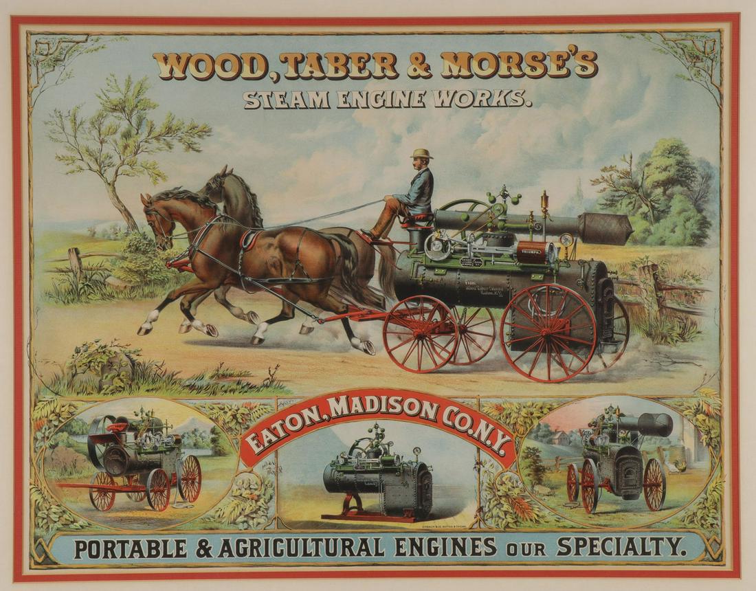 RARE STEAM ENGINE ADVERTISING POSTER: RARE STEAM ENGINE ADVERTISING POSTER. A rare vintage color lithograph poster on paper advertising Wood, Taber, & Morse's Steam Engine Works, comprising a large and impressive color stone lithograph po