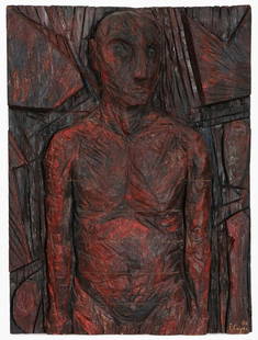 IMPRESSIVE MODERNIST CARVED RELIEF: PHILIPPE COGNÉE (French b. 1957-Untitled- 1986Carved and polychrome wood reliefSigned lower right and dated 3/8663 inches x 46 inches (160 x 117 cm)Provenance:Acquir