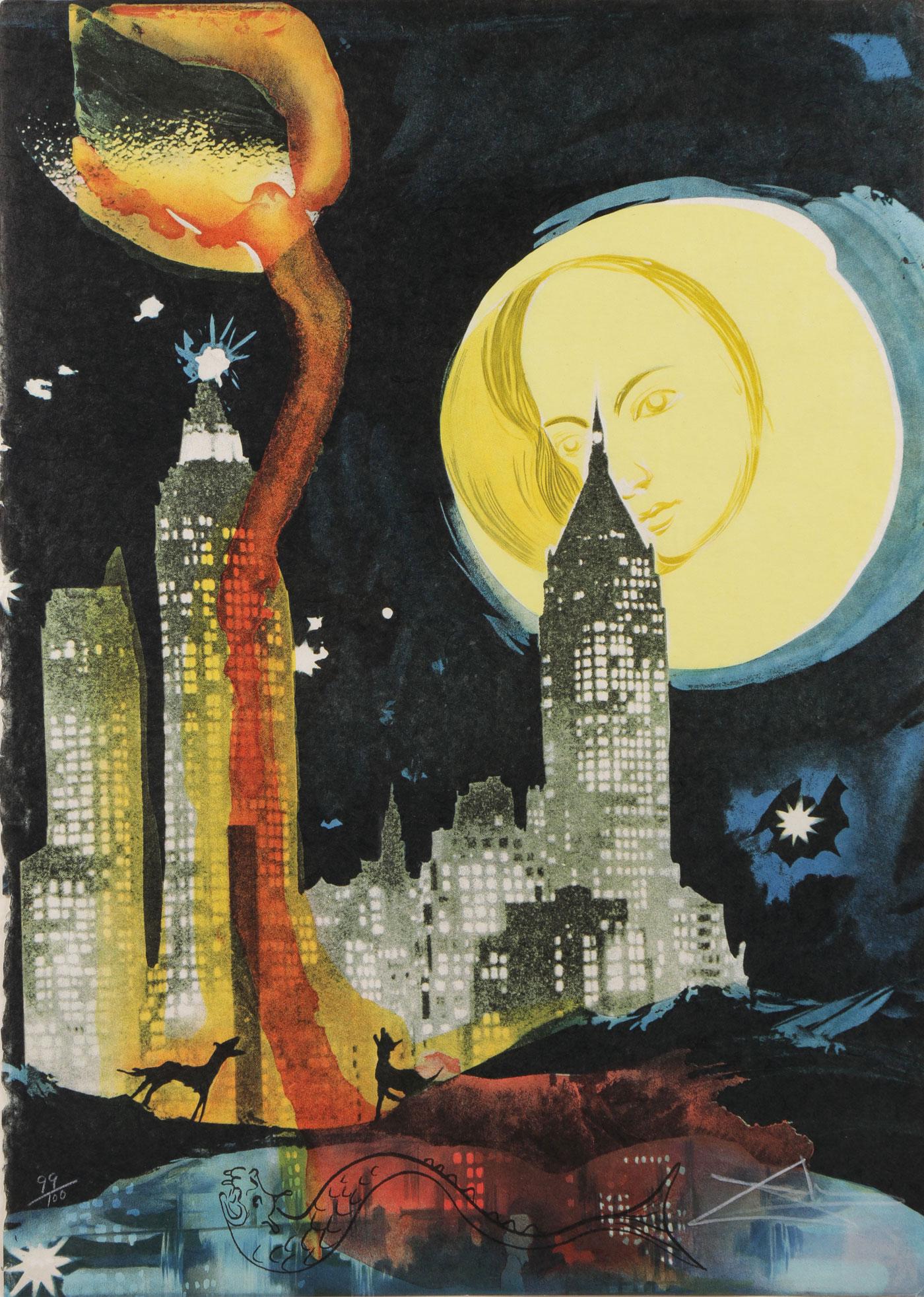 SALVADOR DALI LITHOGRAPH: SALVADOR DALI (Spanish 1904-1989)Manhattan Skyline Color lithographSigned lower right and numbered 99/100 lower leftImage size 29.75 inches x 21.25 inches (76 x 54 cm), contained in a glazed frame. <