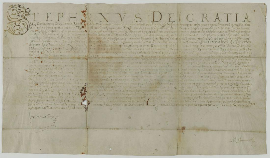 KING STEPHEN BATHORY OF POLAND SIGNED DOC: KING STEPHEN BATHORY OF POLAND SIGNED DOC. Comprising a large and impressive vellum signed document in Latin, the upper margin inscribed STEPHANUS DEI GRATIA above a lengthy inscription, untranslated,