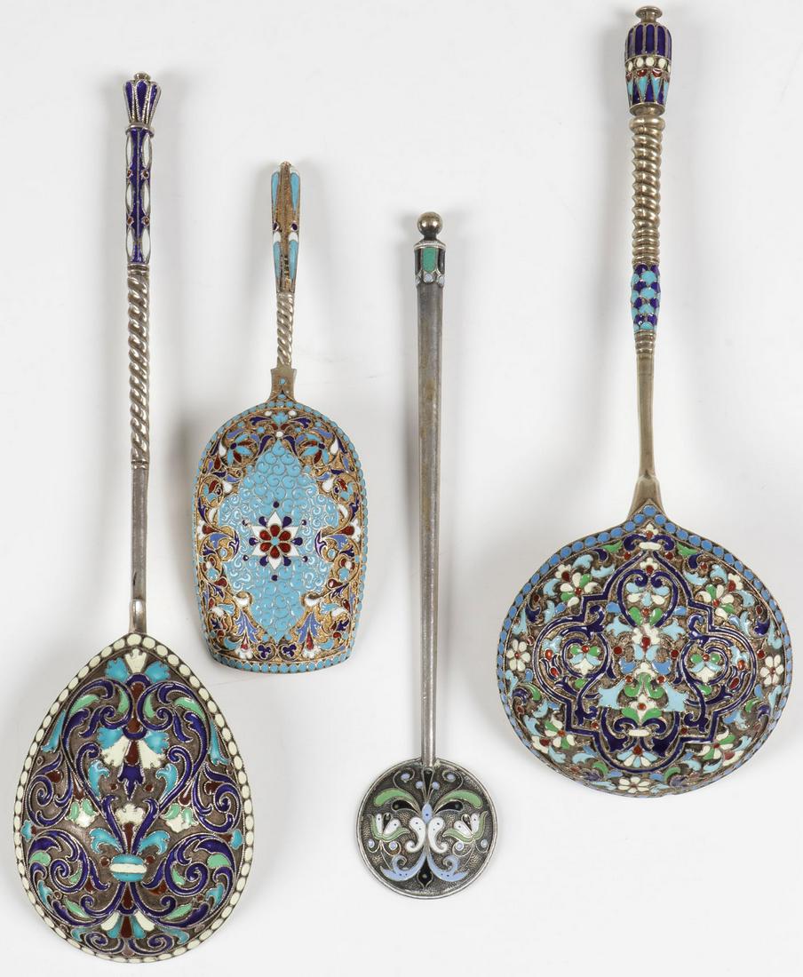 RUSSIAN SILVER & ENAMEL FLATWARE, C. 1890: RUSSIAN SILVER & ENAMEL FLATWARE, C. 1890. Comprising four individual pieces including two large silver-gilt and enameled serving spoons, a sugar scoop, and a stirrer, three marked Moscow, one marked