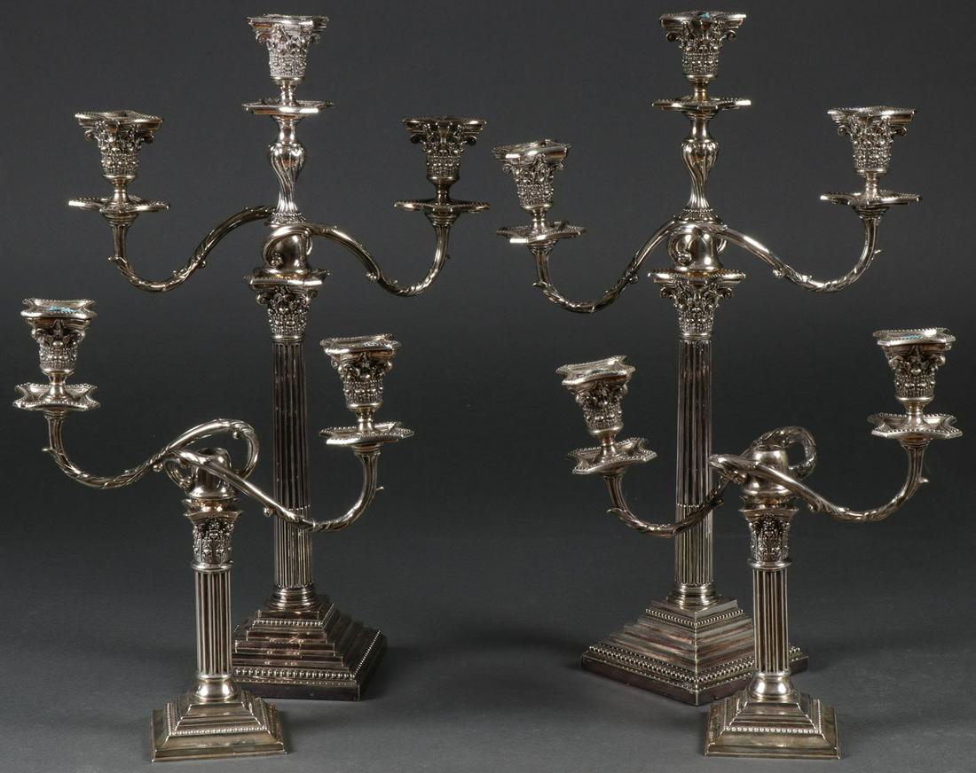 STERLING & SILVER-PLATED CANDELABRA: STERLING & SILVER-PLATED CANDELABRA. Comprising two pair of exceptional and similarly decorated candelabra. The first comprising a pair of large matching silver-plated three-light candelabra, (probabl