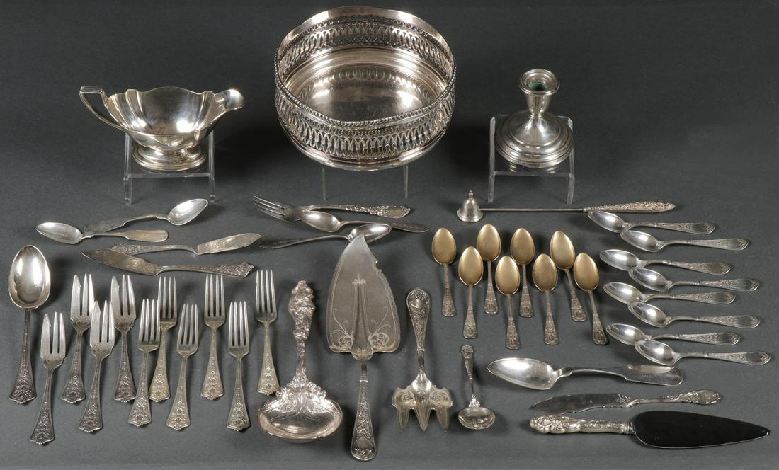 MIXED STERLING SILVER LOT, C. 1850-1920: MIXED STERLING SILVER LOT, C. 1850-1920. Comprising 40 individual pieces of sterling or coin silver, including a spectacular large and heavy Gorham sterling serving spoon with ornate Art Nouveau organ