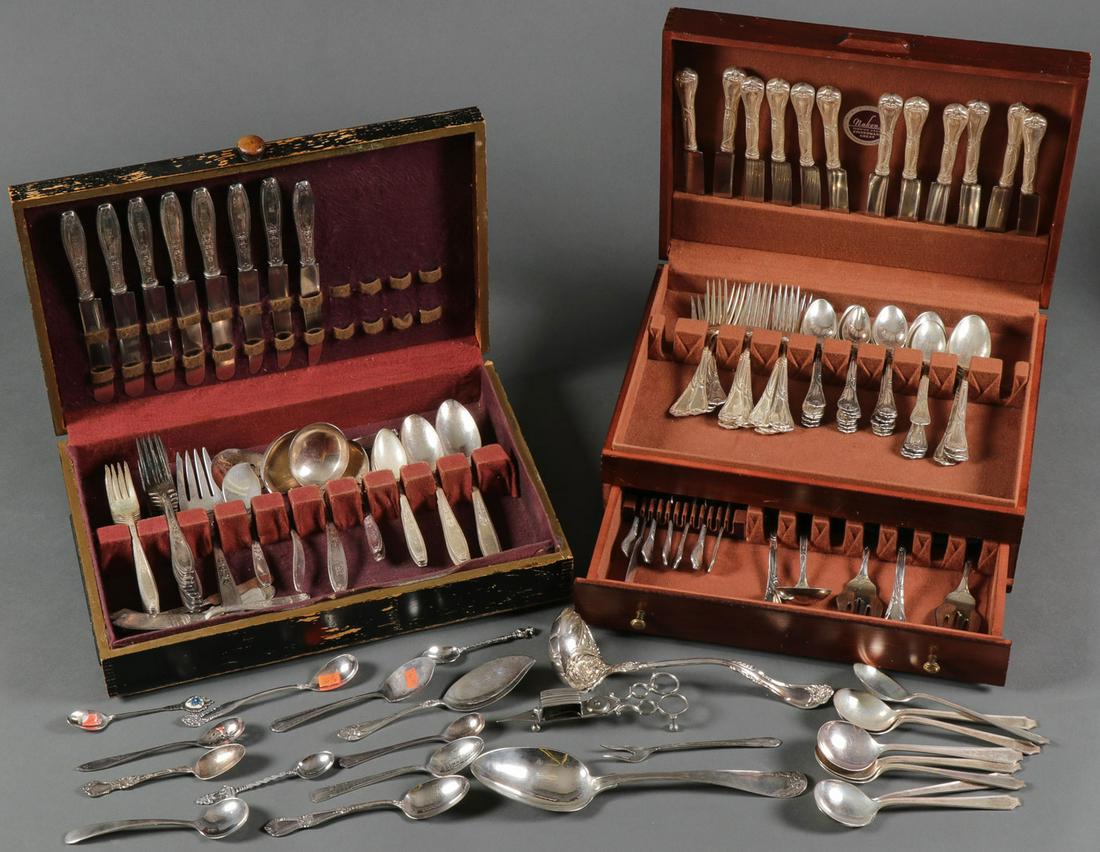 MASSIVE SILVER-PLATE FLATWARE LOT: MASSIVE SILVER-PLATE FLATWARE LOT. Comprising two matching sets, one by Reed & Barton, the other Roger Brothers, as well as a multitude of other partially matched and unmatched pieces, over 200 indivi