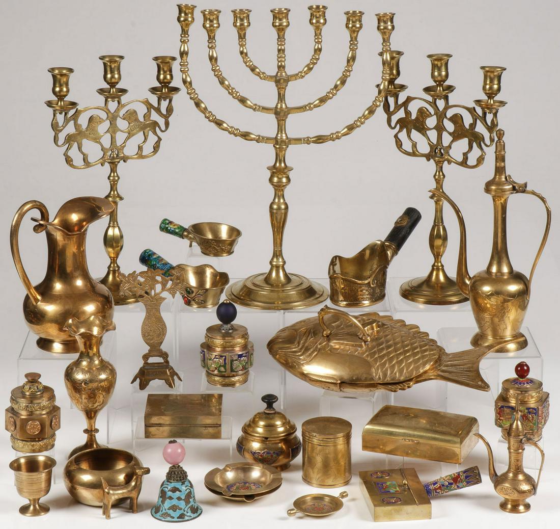 50 PIECES OF BRASS DECORATIVE ARTS: 50 PIECES OF BRASS DECORATIVE ARTS. Comprising 50 individual pieces of brass decorative arts, mostly Chinese, and some likely Indian, including engraved bowls, trays, three Chinese silk irons, boxes, 