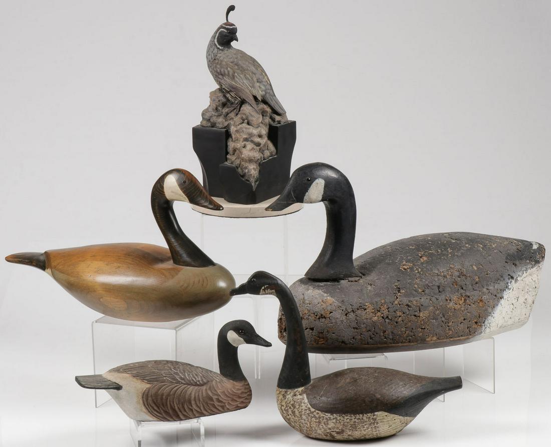 CARVED WOODEN DECOYS: CARVED WOODEN DECOYS. Comprising five carved decoys including a life sized cork and wood carved Canadian Goose, a smaller Big Sky Carver's solid Canadian Goose, a 3/4 carved and polychromed carved woo