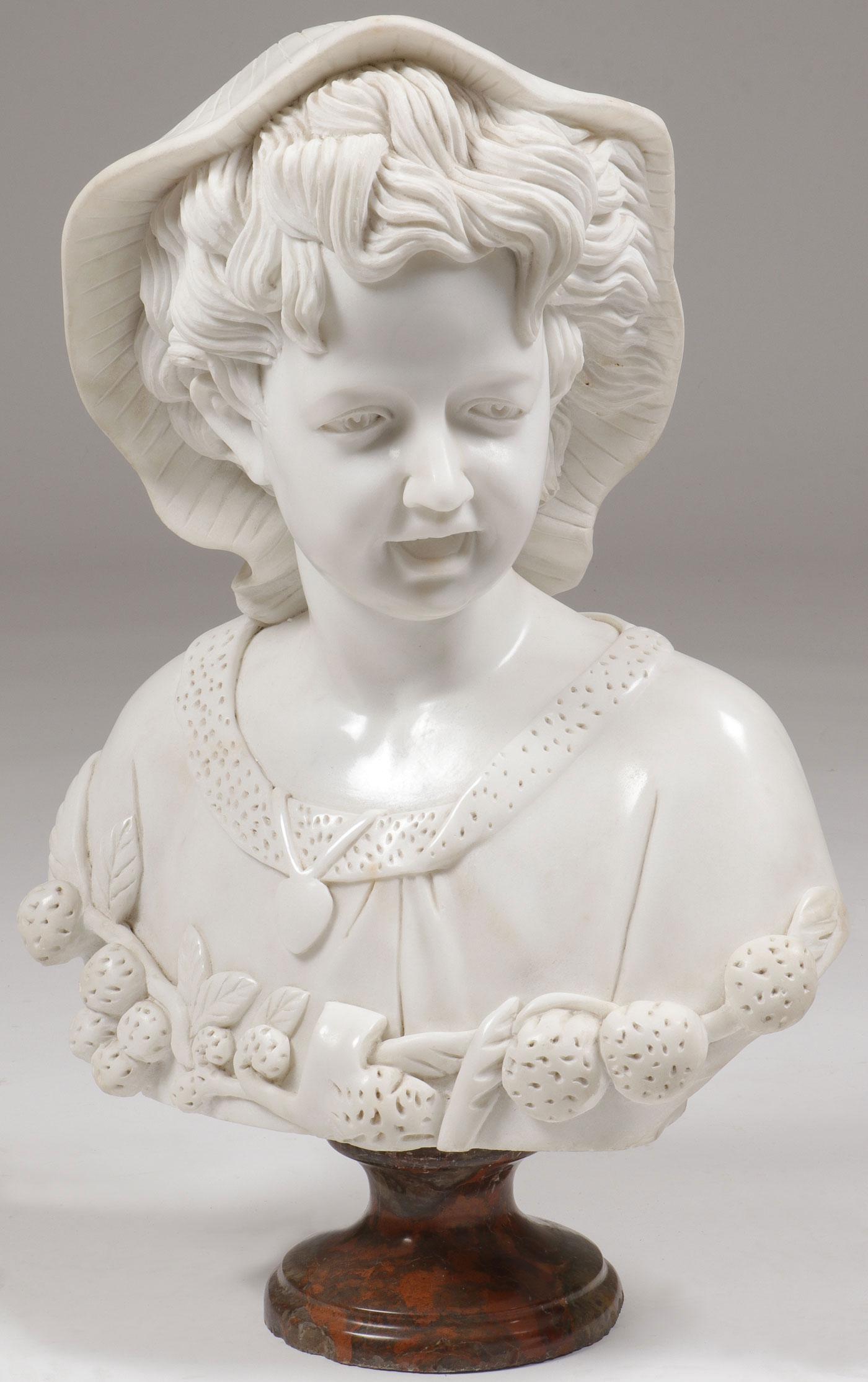 LARGE CARVED MARBLE BUST: LARGE CARVED MARBLE BUST. Comprising a large and impressive Renaissance style carved marble bust of a young woman, carved in full round, of good proportions and anatomy, with thick wavy hair, open mou