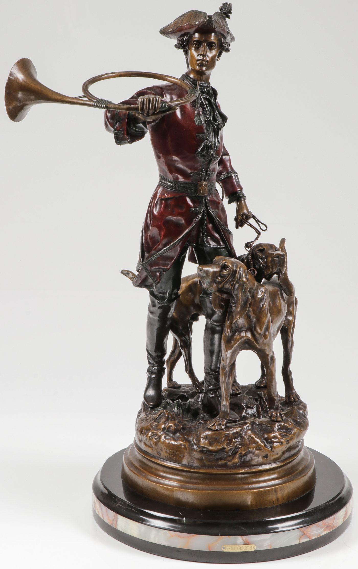 LARGE BRONZE HUNTING GROUP AFTER MOREAU: After HIPPOLYTE FRANCOIS MOREAU (French 1832-1927) Hunter With His Dogs Bronze with polychrome patina Inscribed on base Overall height including marble base 31 inches (79 cm) Provenan
