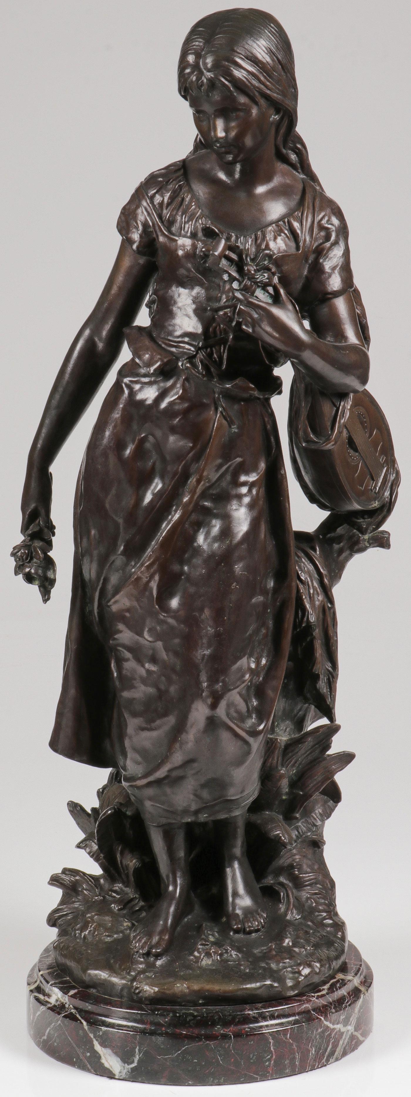 A LARGE FRENCH BRONZE OF YOUNG BEAUTY: A LARGE FRENCH BRONZE OF YOUNG BEAUTY. Comprising a large and impressive patinated bronze of a young beauty near a stump holding a bouquet of flowers and mandolin, after Hippolyte Francois Moreau (Fre
