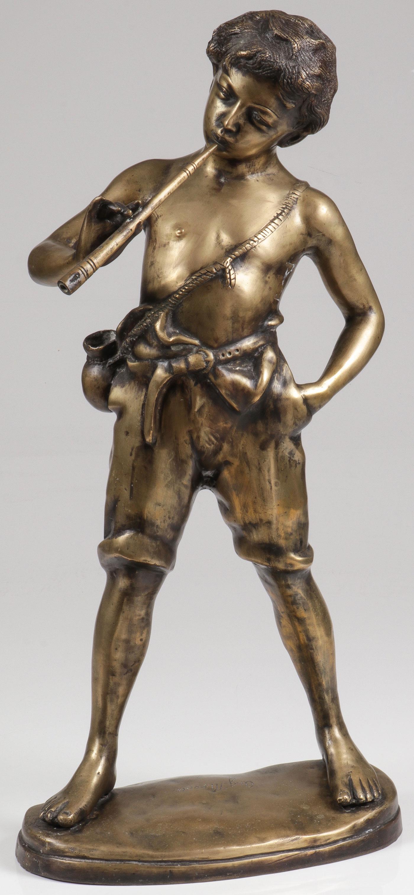 A BRONZE FIGURE OF A STREET MUSICIAN: A BRONZE FIGURE OF A STREET MUSICIAN. Comprising a charming figure of a Neapolitan street urchin playing a flute after Auguste Moreau (French 1861-1906). Inscribed on base AUGUSTE MOREAU. Last quarte