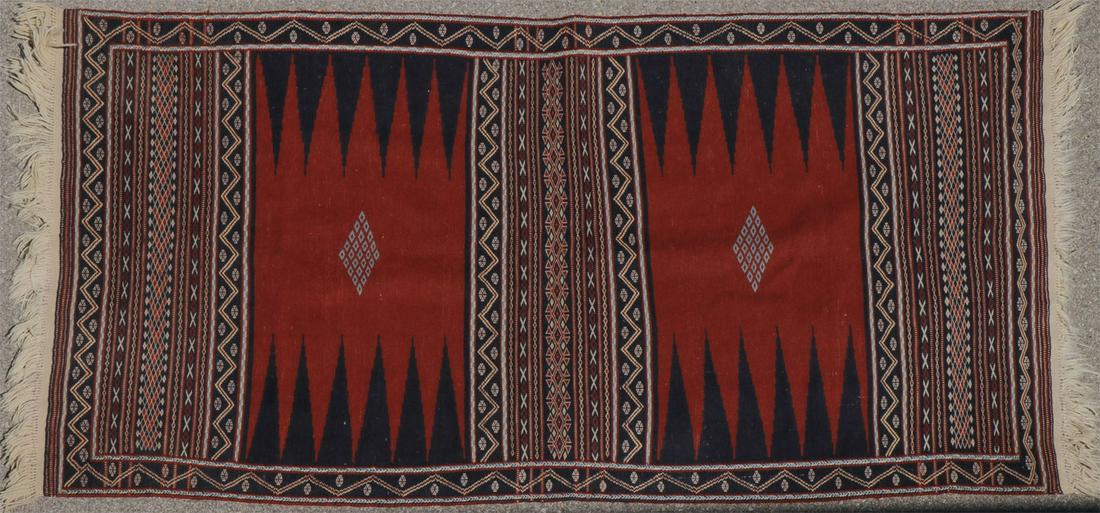 THREE MIDDLE EASTERN WEAVINGS: THREE MIDDLE EASTERN WEAVINGS. Comprising a large contemporary Belouchi Sofreh (90 inches x 45 inches), together with two jajims, including a large single bag (26 inches x 45 inches) and a double bag 