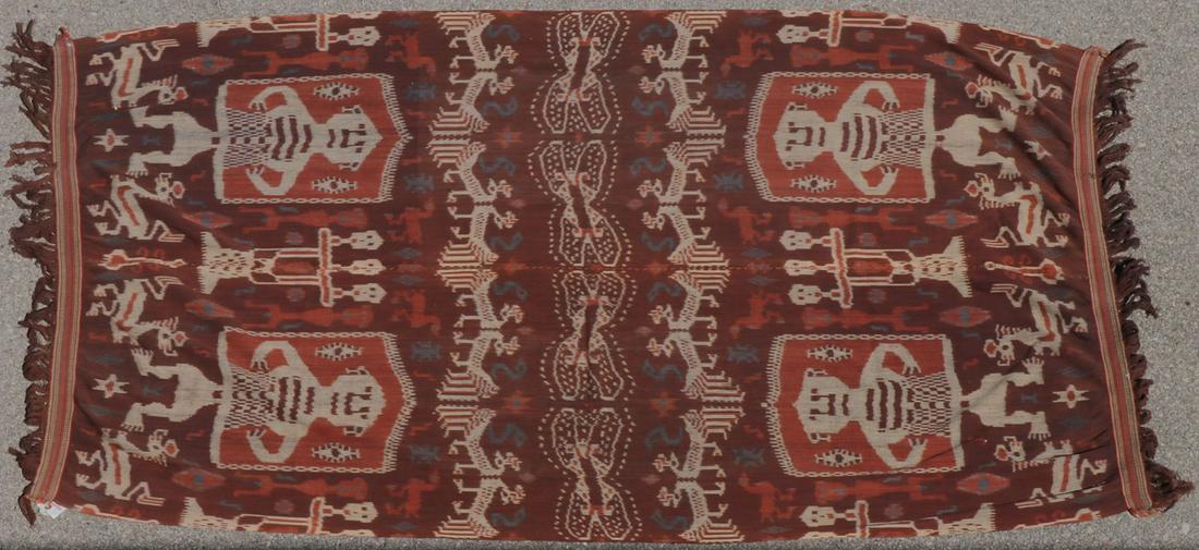GROUP OF ETHNIC WEAVINGS: GROUP OF ETHNIC WEAVINGS. Comprising nine individual pieces including an Indonesian Ikat circa 1930, with losses to fringe at both ends, 45 inches x 82 inches (114 x 208.3 cm), together with a framed 