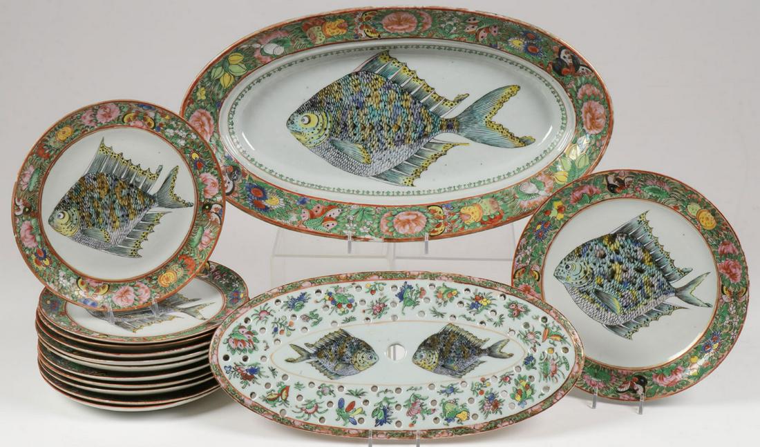 CHINESE PORCELAIN MILLEFLEUR FISH SET, 19TH C: RARE CHINESE PORCELAIN MILLEFLEUR FISH SET, 19TH C. Comprising a fine and unusual Chinese export millefiori porcelain fish service including a deep oval dish, length 18 inches (36 cm) with perforated 