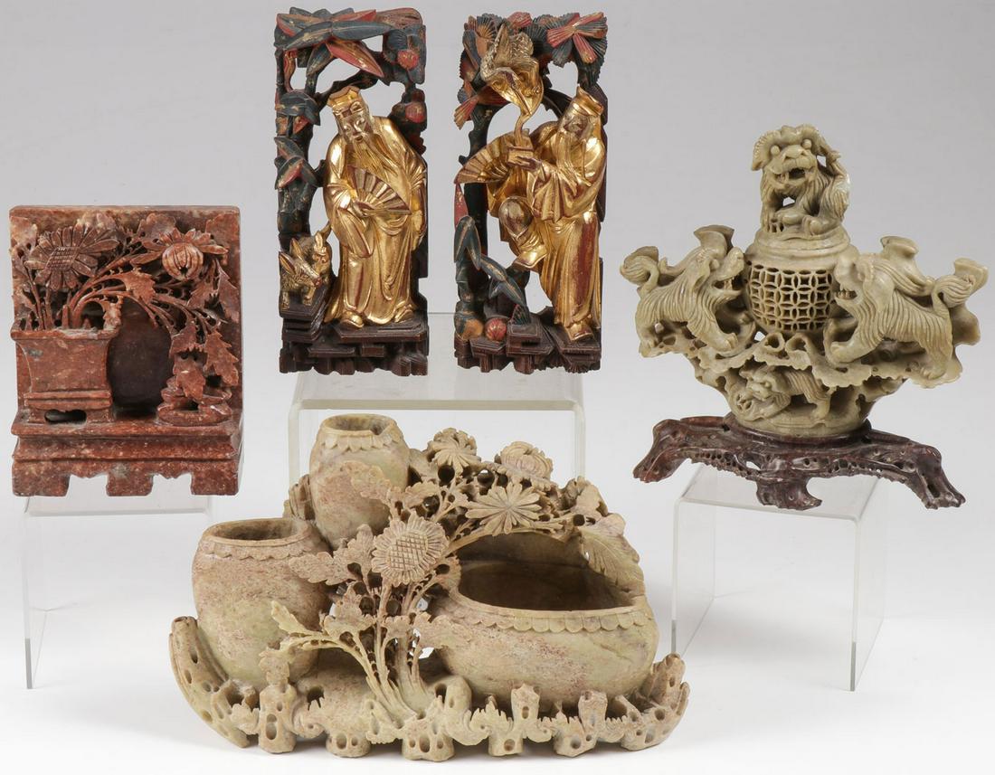 CHINESE CARVED HARDSTONE & WOOD, 19TH C: CHINESE CARVED HARDSTONE & WOOD, 19TH C. Comprising three finely carved hardstone or soapstone mantel vases, one carved with foo dogs and with foo dog fitted lid on contrasting similarly carved footed