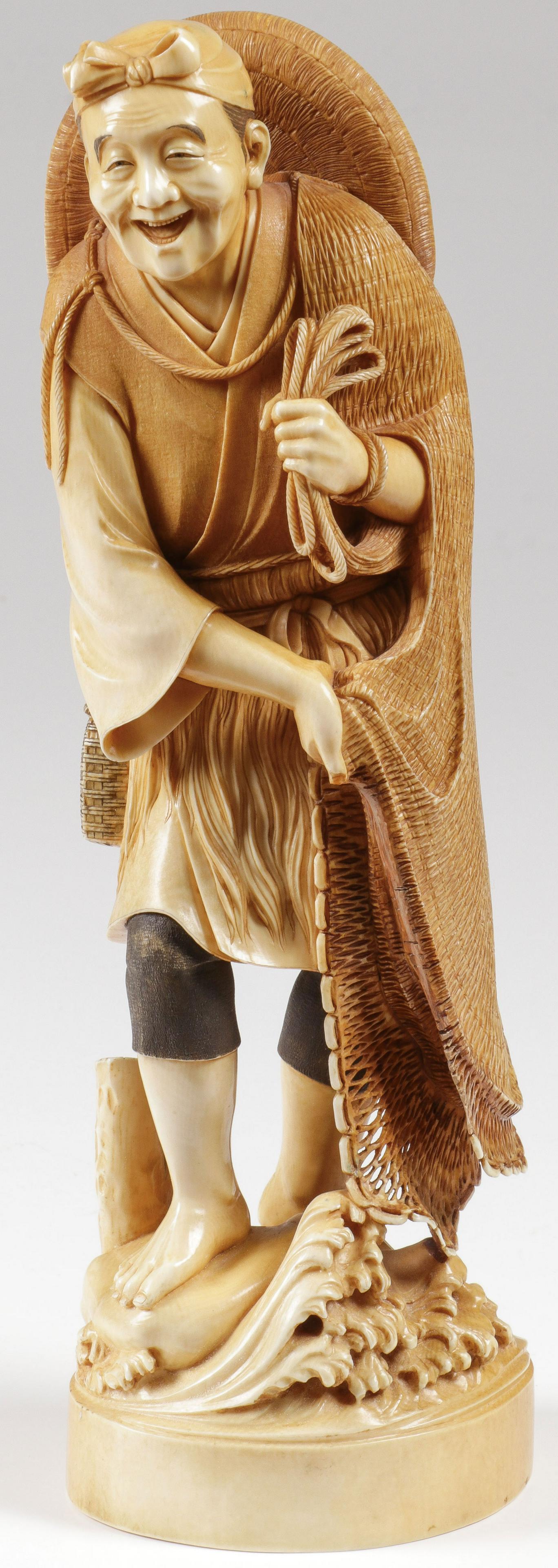 VERY FINE JAPANESE CARVED OKIMONO, MEIJI: VERY FINE JAPANESE CARVED OKIMONO, MEIJI. The finely carved figure depicting a fisherman standing along the shore with crashing waves at his feet and a net draped over his shoulders. Carved in full ro
