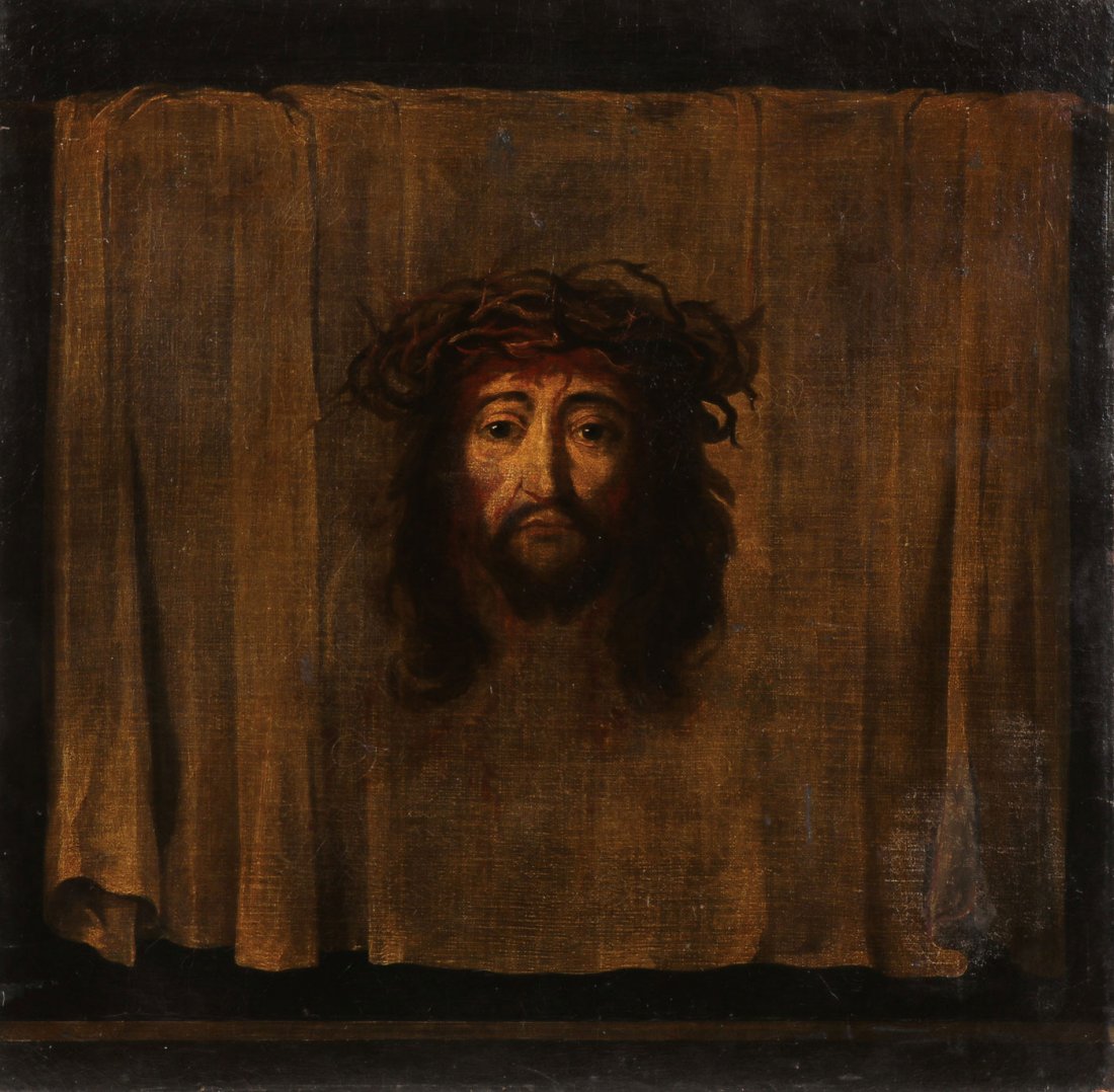 GOOD 17TH CENTURY OLD MASTER PAINTING: SPANISH SCHOOL (17th century) The Holy Face - c. 1650 Oil on canvas laid on wood panel Apparently unsigned 33 inches x 33.75 inches (84cm x 85.5cm) unframed The Catholic devotion of the Holy Fa