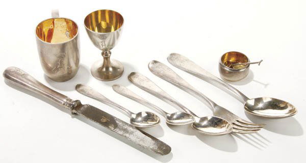 A GROUP OF IMPERIAL RUSSIAN SILVER, GRACHEV, St.: A GROUP OF IMPERIAL RUSSIAN SILVER, GRACHEV, St. Petersburg 1899-1908. Ten pieces of silver flatware and utensils each engraved with the Imperial Cypher of an "A" beneath a crown for Empress Alexandra