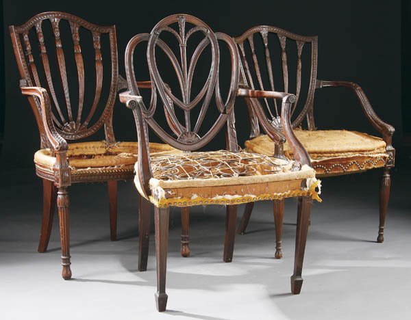 3 HEPPLEWHITE STYLE CARVED MAHOGANY ARM CHAIRS