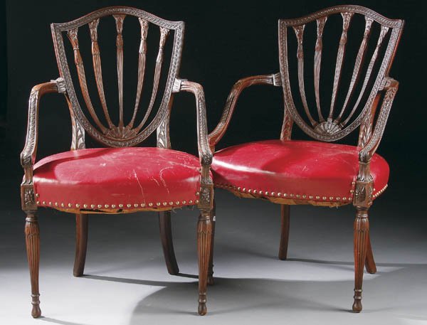 PR OF HEPPLEWHITE STYLE CARVED ARM CHAIRS
