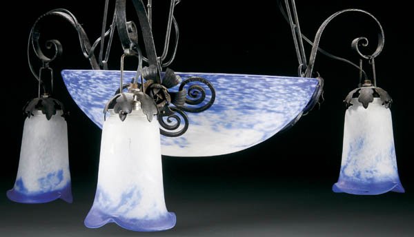 FRENCH ART DECO GLASS & WROUGHT IRON CHANDELIER