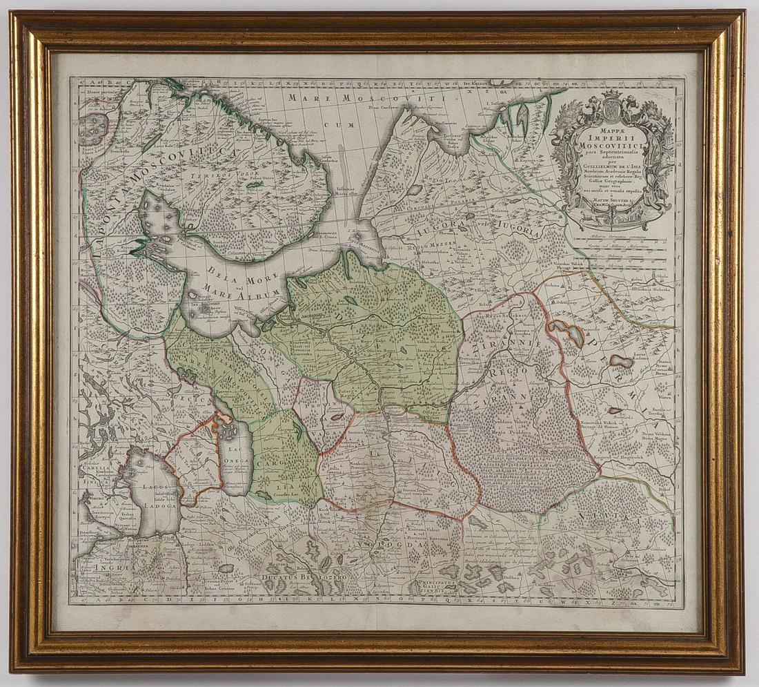 A LARGE 18TH C HAND COLORED MAP OF RUSSIA: A LARGE 18TH C HAND COLORED MAP OF RUSSIA. Comprising a large finely engraved map entitled "MAPPAE IMPERII MOSCOVITICI PARS SEPTENTRIONALIS," by George Matthäus Seutter (1678-1757) printed in Augsbur