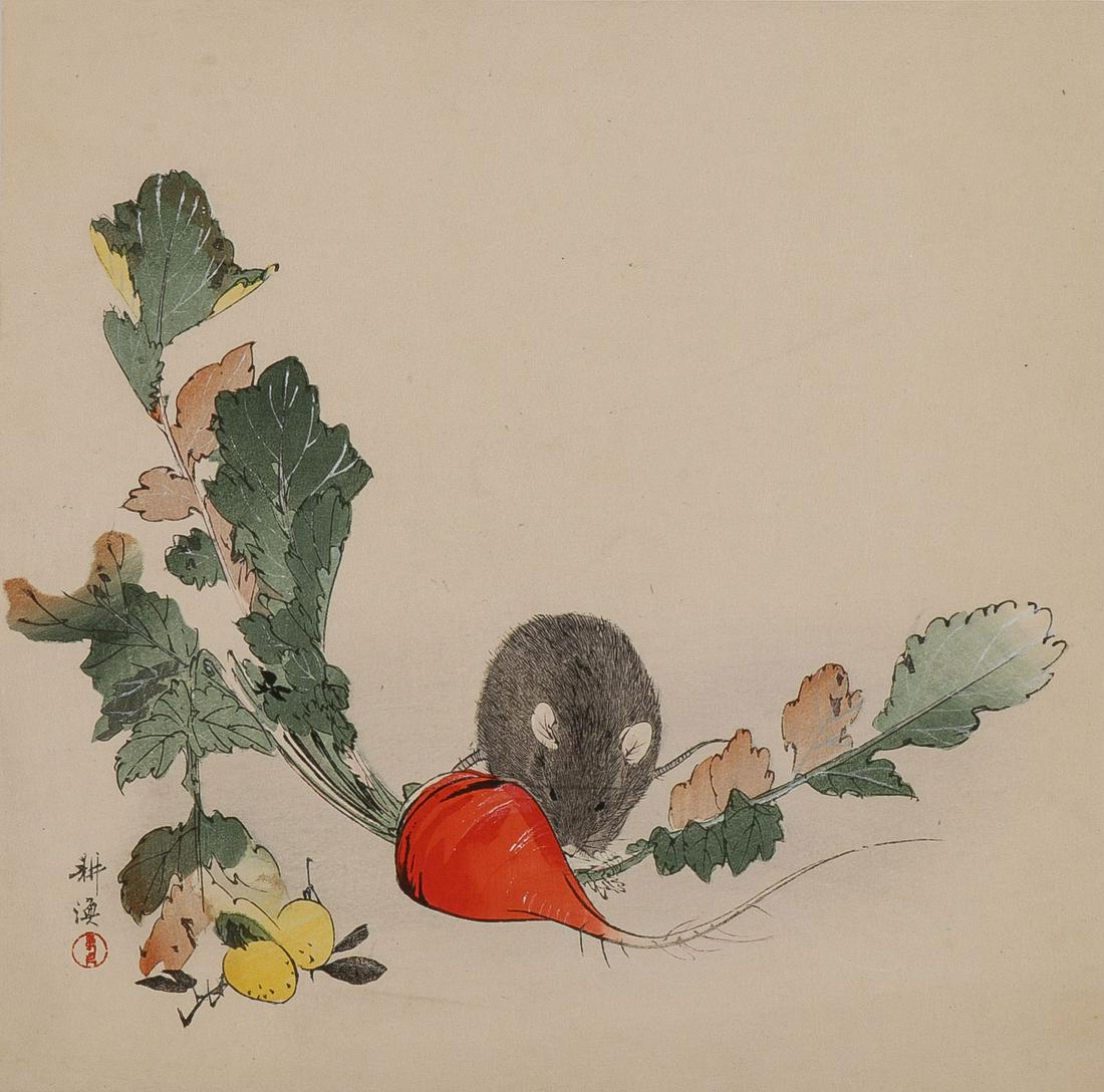 KOGYO JAPANESE WOODBLOCK PRINT: KOGYO JAPANESE WOODBLOCK PRINT. TSUKIOKA KOGYO (Japanese 1869-1927) Rat and Radish Color woodblock with gofun highlights Signed with seal lower left 9.5 inches x 9.5 inches (24 x 24 cm)
