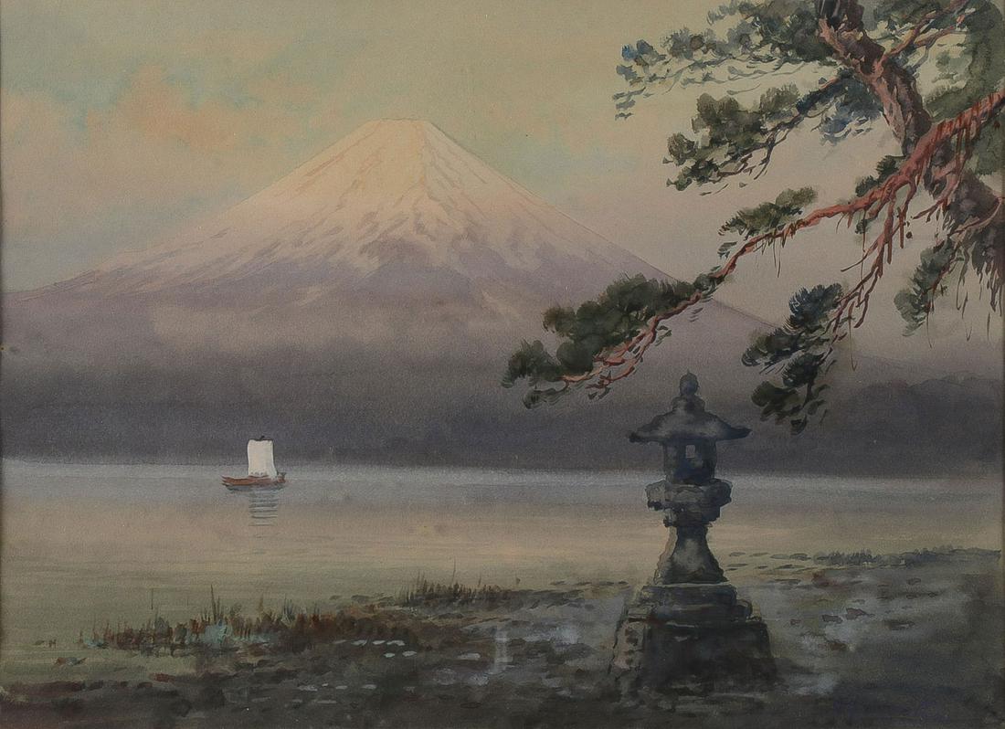 PAIR JAPANESE MEIJI WATERCOLORS: PAIR JAPANESE MEIJI WATERCOLORS. Comprising a delicately painted landscape with Mount Fuji, indistinguishably signed lower right, 9.75 inches x 13.5 inches, and a watercolor of a man shooting a rifle,