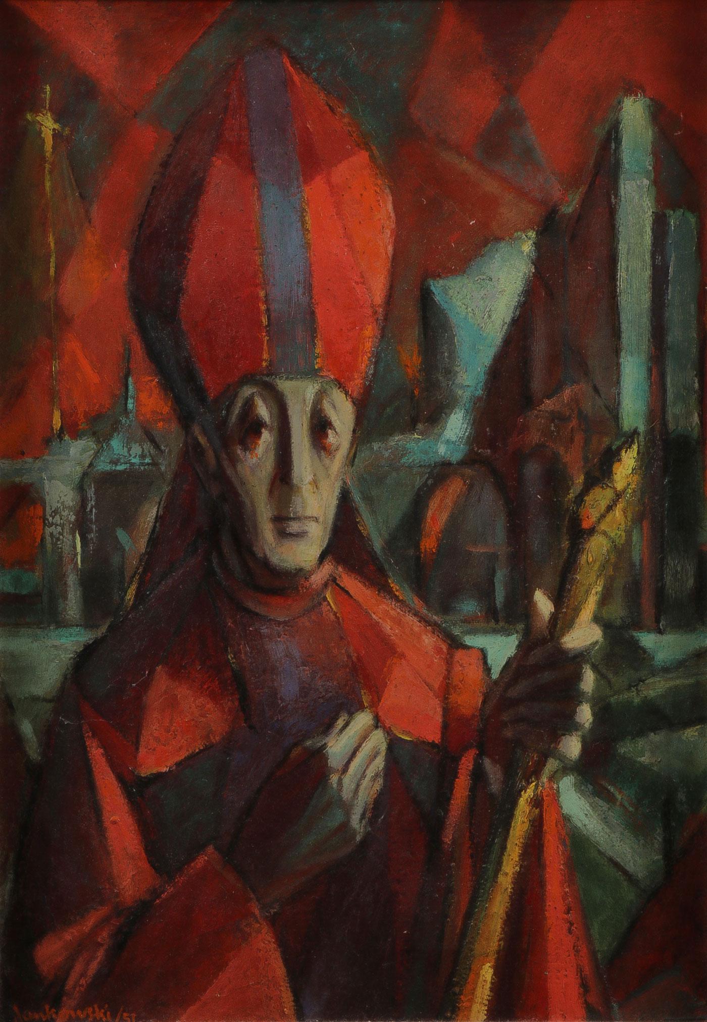 FIVE ORIGINAL JANKOWSKI ARTWORKS: FIVE ORIGINAL JANKOWSKI ARTWORKS. Comprising four individual works of art by noted American artist Joseph P. Jankowski (American 1916-1999), including an oil on Masonite painting of a bishop with mitr
