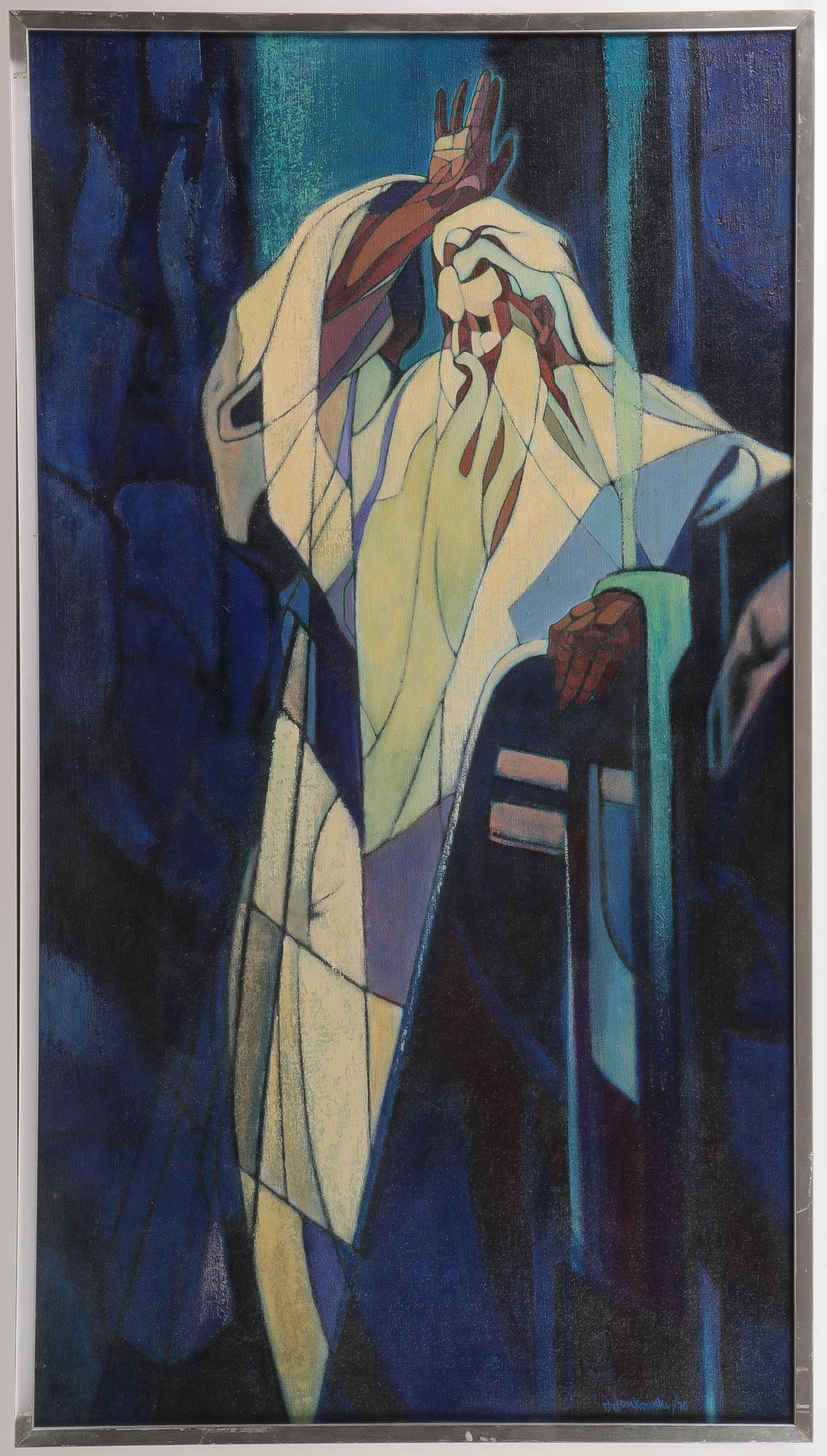 THREE J. JANKOWSKI JEWISH THEMED PAINTINGS: THREE J. JANKOWSKI JEWISH THEMED PAINTINGS. Comprising three mid-century modern style oil on canvas paintings, including a depiction of Moses receiving the tablets of the Ten Commandments, signed lowe
