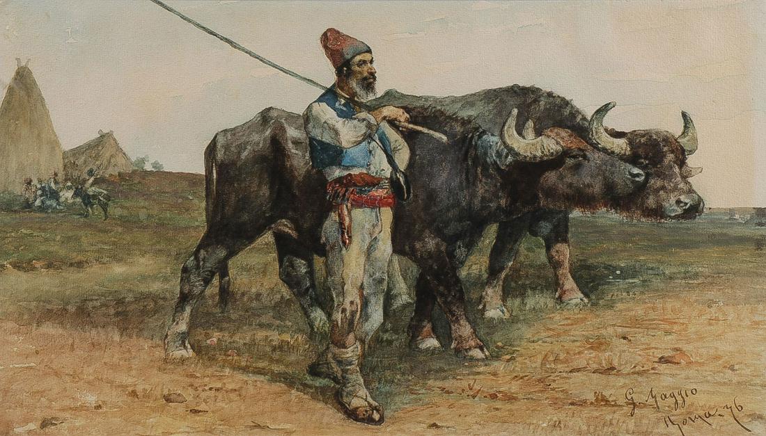 19TH C. ITALIAN PAINTING, SIGNED: 19TH C. ITALIAN PAINTING, SIGNED. GIUSEPPE RAGGIO (Italian 1823-1916) A Buffalo Herder -1876 Watercolor on paper Signed lower right "G. Raggio - Roma 76" 11.25 inches x 18.8 inches (28.5