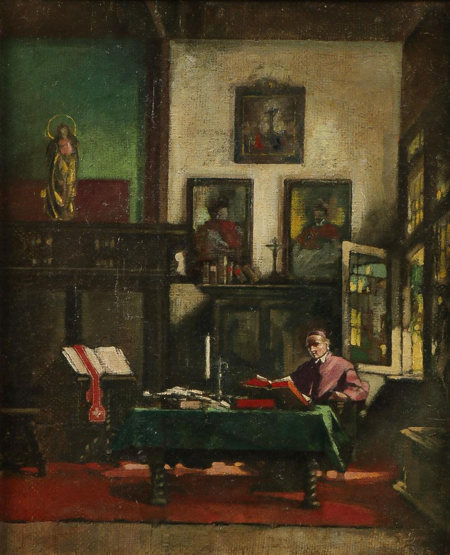 GERMAN SCHOOL PAINTING CIRCA 1900: GERMAN SCHOOL PAINTING CIRCA 1900. Comprising a well-painted oil on canvas depiction of a Bishop in his study flooded with sunlight through an open window. Indistinguishably signed lower right. 18 inc