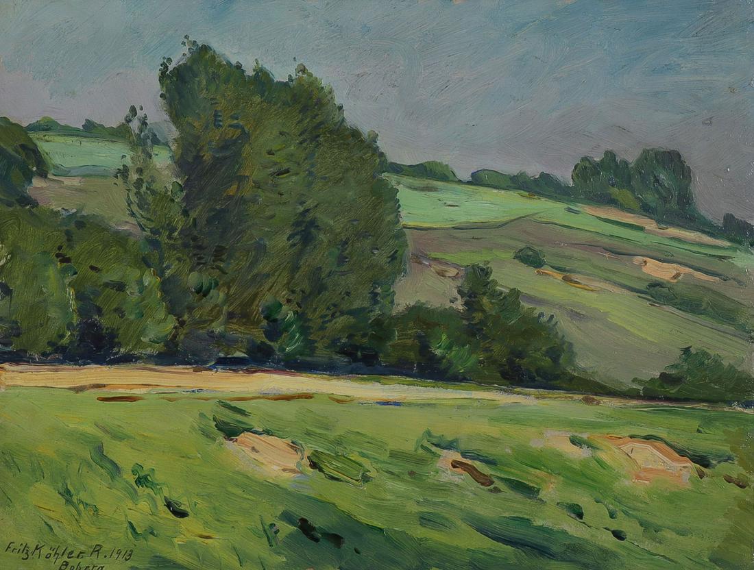 FOUR EUROPEAN LANDSCAPE PAINTINGS C. 1913-1925: FOUR EUROPEAN LANDSCAPE PAINTINGS C. 1913-1925 Comprising four competently painted landscapes including an impressionistic summer landscape by German artist Fritz Kohler (1887-1972) oil on board, sign
